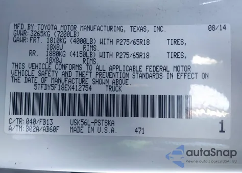 2014 Toyota Tundra Sr5 5.7L V8 z USA, uszkodzony, nr VIN 5TFDY5F18EX412754